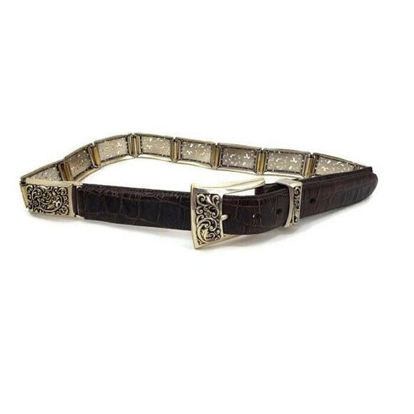 Brighton Silver Metal Link Brown Leather Belt Womens Small 28 Floral